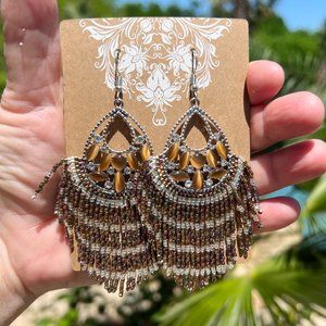 Beaded Earrings Artisan Handmade Jewel Dangle Drop Tassel Long Fringe Sparkle